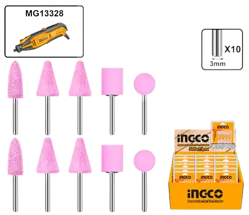 Rotary Tool Grinding Accessories 10-Piece Set (AKB1012) – 3mm Universal Shank Bullet Cone T-Type & Round Mounted Stone Assortment | INGCO