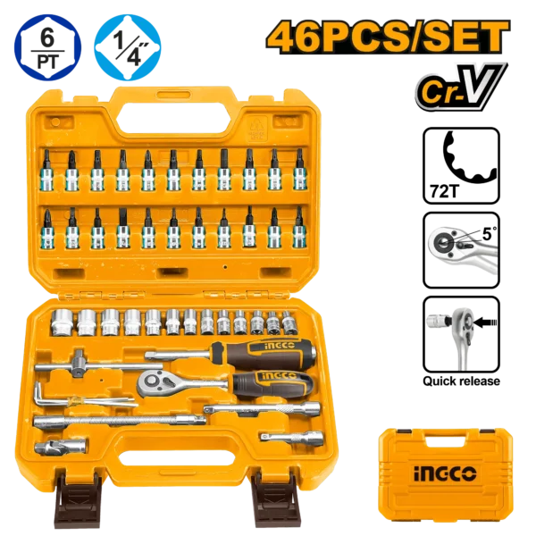 Socket Set 46 Pcs 1/4" (HKTS14462) – High Quality Cr-V Steel | INGCO