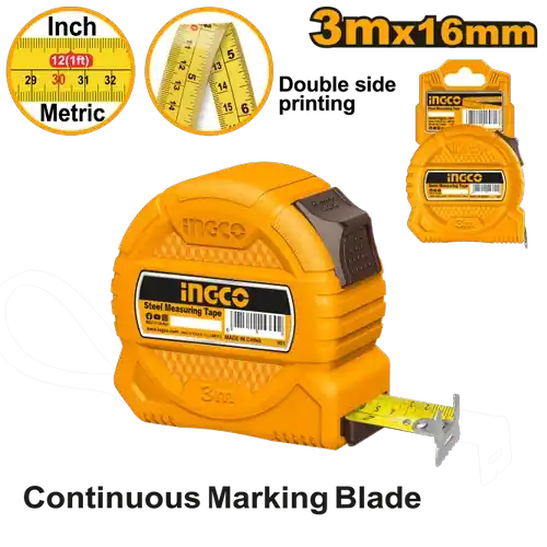 Steel Measuring Tape 3mx16mm (HSMT39316) – Dual Unit Metric and Imperial One-Button Brake System | INGCO