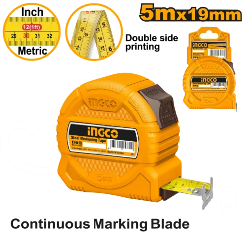 Steel Measuring Tape 5mx19mm (HSMT39519) – Metric & Imperial Measurement One-Button Quick Brake System | INGCO