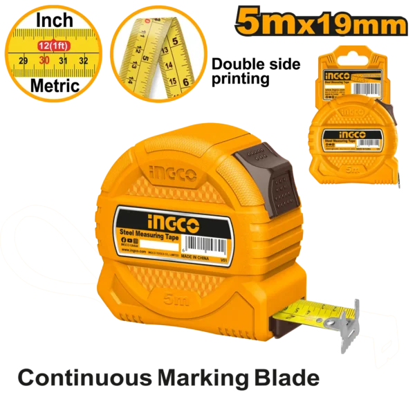 Steel Measuring Tape 5mx19mm (HSMT39519) – Metric & Imperial Measurement One-Button Quick Brake System | INGCO