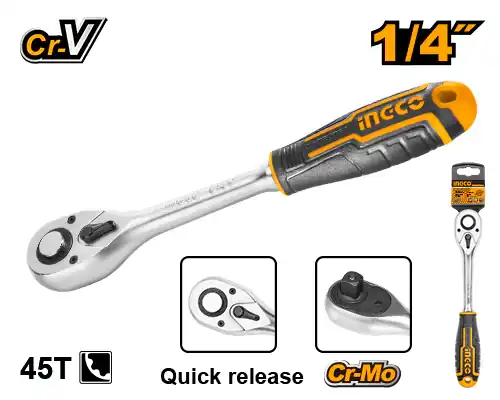 1/4 Drive 72-Tooth Micro Ratchet Wrench (HRTH0814) – 155mm Compact Length Premium Heat-Treated Cr-V + Cr-Mo Steel Alloy | INGCO