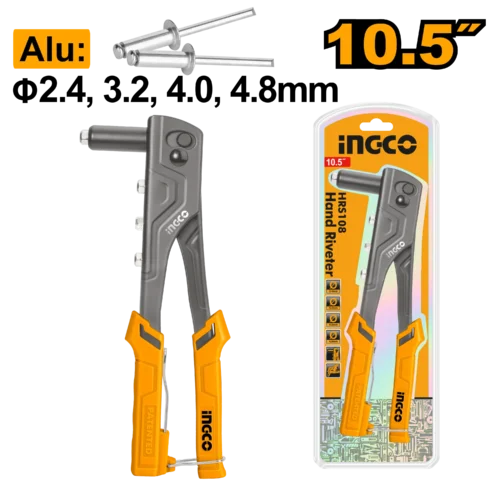 10.5" Industrial Hand Riveter (HRS108) – Multi-Nosepiece Blind Rivet Gun for Φ2.4mm to 4.8mm Pins Heavy-Duty Aluminum Partition & Sheet Metal Fastening Tool | INGCO