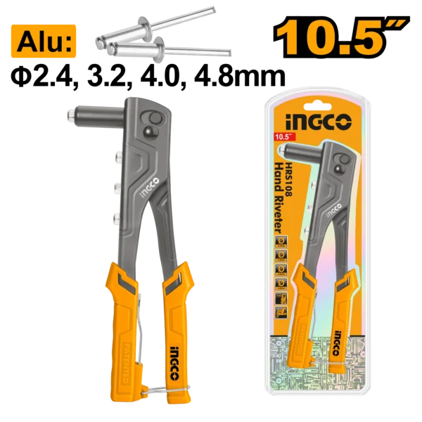 10.5" Industrial Hand Riveter (HRS108) – Multi-Nosepiece Blind Rivet Gun for Φ2.4mm to 4.8mm Pins Heavy-Duty Aluminum Partition & Sheet Metal Fastening Tool | INGCO