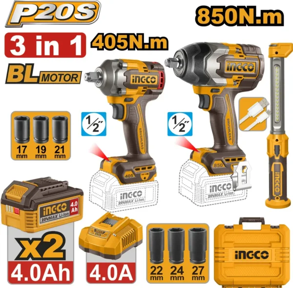 20V Cordless 3-Pcs Impact Wrench & Work Lamp Combo Kit (COSLI251085) – 850Nm High-Torque & 405Nm Mid-Torque Brushless Drive Setup Dual 4.0Ah Batteries Charger & 6-Pcs Cr-Mo Sockets | INGCO