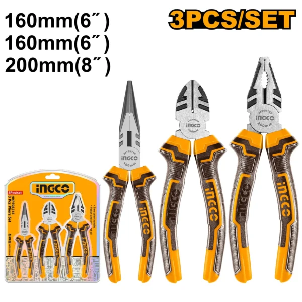 3-Piece Industrial Pliers Set (HKPS08318) – 8" Combination, 6" Long Nose & 6" Diagonal Cutting Multi-Tool Fleet Induction-Hardened Anti-Rust Jaws with Two-Color Handles | INGCO