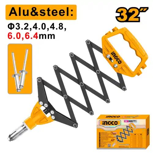 32" Folding Hand Riveter (HFOR321) – 815mm Industrial Scissor Arm Lever Heavy-Duty Multi-Nosepiece Blind Rivet Gun for 3.2mm to 6.4mm Pins | INGCO