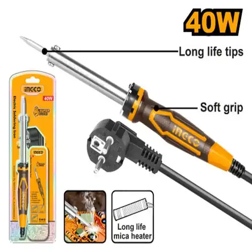 40W Electric Soldering Iron (SI0248) – 220-240V High-Stability Heating Matrix Long-Life Replaceable Straight Tip Head with Safety Support Stand | INGCO