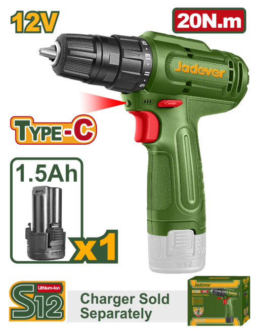 Compact 12V Cordless Drill Driver (JDCDS518) – 20Nm Max Torque & 15+1 Clutch Settings Lightweight Precision Power Tool with 1.5Ah Type-C Rechargeable Battery JADEVER Compact 12V Cordless Drill Driver (JDCDS518) – 20Nm Max Torque & 15+1 Clutch Settings Lightweight Precision Power Tool with 1.5Ah Type-C Rechargeable Battery JADEVER