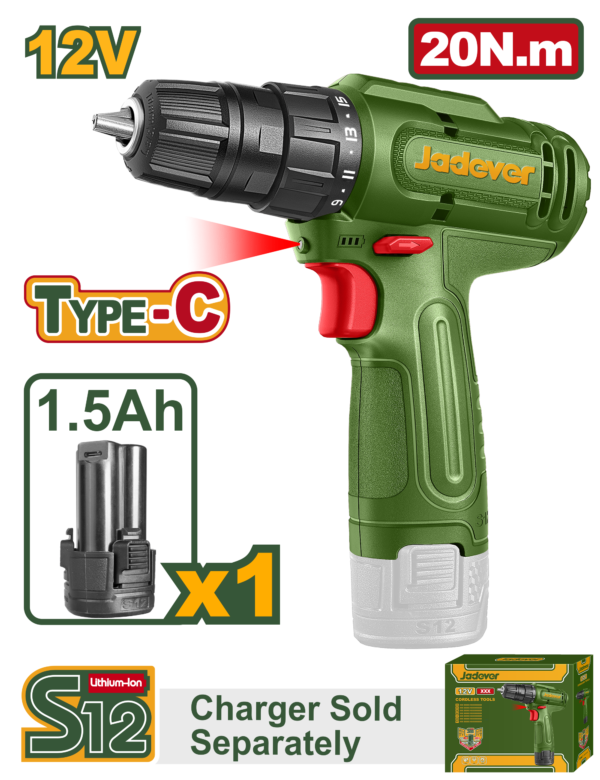 Compact 12V Cordless Drill Driver (JDCDS518) – 20Nm Max Torque & 15+1 Clutch Settings Lightweight Precision Power Tool with 1.5Ah Type-C Rechargeable Battery JADEVER
