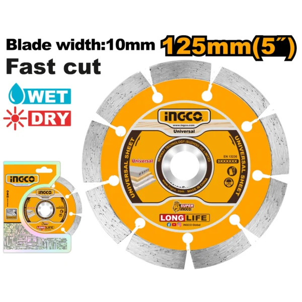 Industrial Segmented Dry Diamond Disc 125mm (DMD011252) – 10mm Rim Width Premium 5-Inch Concrete, Brick & Granite Cutting Blade INGCO Industrial Segmented Dry Diamond Disc 125mm (DMD011252) – 10mm Rim Width Premium 5-Inch Concrete, Brick & Granite Cutting Blade INGCO