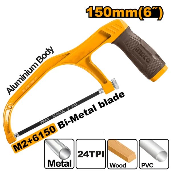 Mini Hacksaw Frame 6 150mm (MHHF1503) – Rigid Aluminum Body & Ergo TPR Soft Grip Premium M2+6150 Bi-Metal 24TPI Blade Included INGCO Mini Hacksaw Frame 6 150mm (MHHF1503) – Rigid Aluminum Body & Ergo TPR Soft Grip Premium M2+6150 Bi-Metal 24TPI Blade Included INGCO