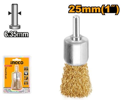 Professional 1-Inch End Wire Pencil Brush (WB70241) – 25mm Wire Length with 14-Inch Power Shank Heavy-Duty Descaling & Paint Stripping Tool INGCO