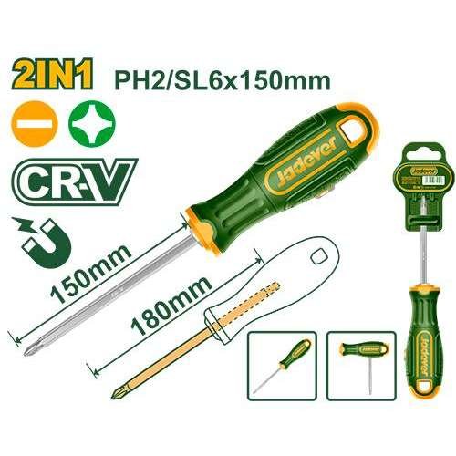 Professional 2-in-1 T-Handle Screwdriver Set PH2 + SL6.5 (JDSS45M5) – Convertible Dual-Leverage Hex Shank Heavy-Duty CR-V Industrial Fastening Tool Side-Insert High-Torque T-Grip Handle JADEVER