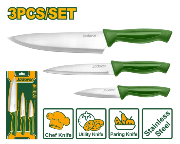 Professional 3-Piece Kitchen Knife Set (JDKK1K31) – Razor-Sharp Stainless Steel Chef Utility Paring Knives | JADEVER