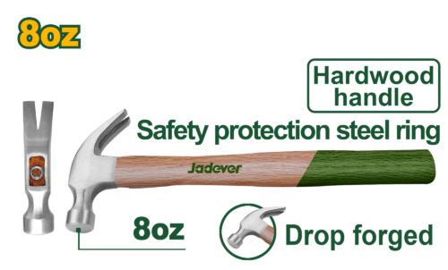 Professional 8oz Claw Hammer (JDMB3308) – 220g Drop-Forged 45# Carbon Steel Head Precision Finish Carpentry Striking Tool with Shock-Absorbing Hardwood Handle JADEVER