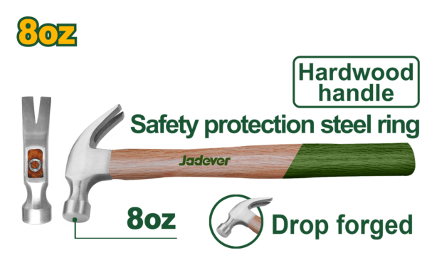 Professional 8oz Claw Hammer (JDMB3308) – 220g Drop-Forged 45# Carbon Steel Head Precision Finish Carpentry Striking Tool with Shock-Absorbing Hardwood Handle JADEVER