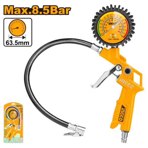 Air Tire Inflating Gun 120 PSI / 8.5 Bar (ATG0601) – Industrial Pressure Gauge Chuck Includes Europe, USA, Nitto & Italy Quick Connectors | INGCO