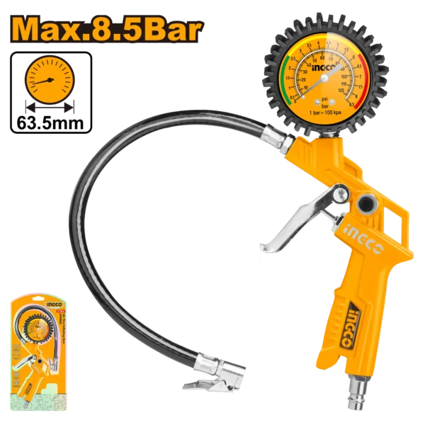 Air Tire Inflating Gun 120 PSI / 8.5 Bar (ATG0601) – Industrial Pressure Gauge Chuck Includes Europe, USA, Nitto & Italy Quick Connectors | INGCO