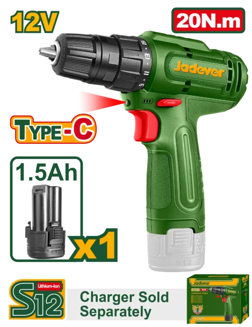 Compact 12V Cordless Drill Driver (JDCDS518) – 20Nm Max Torque & 15+1 Clutch Settings Lightweight Precision Power Tool with 1.5Ah Type-C Rechargeable Battery | JADEVER