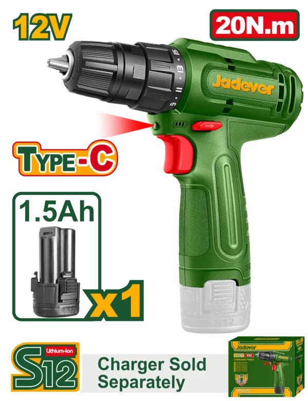 Compact 12V Cordless Drill Driver (JDCDS518) – 20Nm Max Torque & 15+1 Clutch Settings Lightweight Precision Power Tool with 1.5Ah Type-C Rechargeable Battery | JADEVER