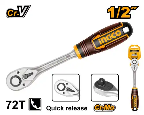 Industrial 1/2 Drive 72-Tooth Ratchet Wrench (HRTH0812) – 255mm Length Heavy Leverage Premium Heat-Treated Cr-V + Cr-Mo Steel Alloy | INGCO