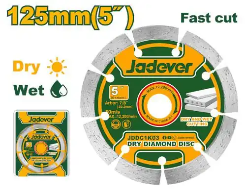 Industrial Dry Diamond Cutting Disc 5" x 22.2mm (JDDC1K03) – 125mm Masonry Blade 7.5mm Segment Width for Granite, Marble, Tile & Concrete | JADEVER