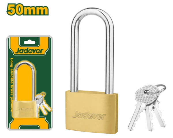 Professional 50mm Long Shackle Brass Padlock (JDPD2450) – Heavy-Duty Weatherproof Solid Brass Body Protection High-Security Cut-Resistant Hardened Steel Extended Shackle Lock | JADEVER