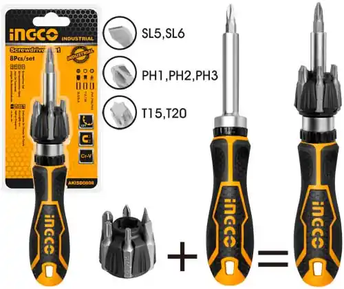 Professional 8-Piece Ratchet Screwdriver Set (AKISD0808) – High-Torque Industrial Handle 7-Pcs Chrome Vanadium SL/PH/Torx Driver Bits Fleet | INGCO