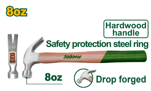 Professional 8oz Claw Hammer (JDMB3308) – 220g Drop-Forged 45# Carbon Steel Head Precision Finish Carpentry Striking Tool with Shock-Absorbing Hardwood Handle | JADEVER