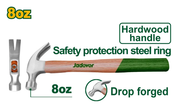 Professional 8oz Claw Hammer (JDMB3308) – 220g Drop-Forged 45# Carbon Steel Head Precision Finish Carpentry Striking Tool with Shock-Absorbing Hardwood Handle | JADEVER