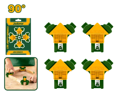 Professional 90° Corner Clamp Set 4-Pcs (JDCZ6E01) – High-Impact Nylon Right-Angle Jig Precise Woodworking Framing & Cabinet Clamp with Non-Marring Rubber Feet | JADEVER