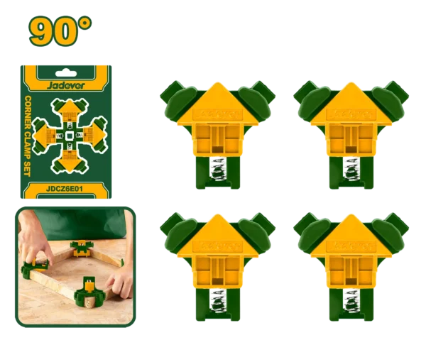 Professional 90° Corner Clamp Set 4-Pcs (JDCZ6E01) – High-Impact Nylon Right-Angle Jig Precise Woodworking Framing & Cabinet Clamp with Non-Marring Rubber Feet | JADEVER