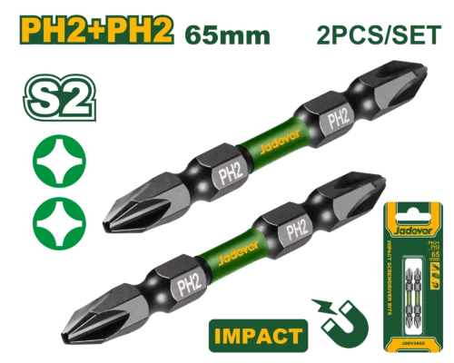 Professional Impact Screwdriver Bits PH2 65mm 2-Pcs (JDSV3K62) – High-Torque Magnetic Double-Ended Driver Bits | JADEVER
