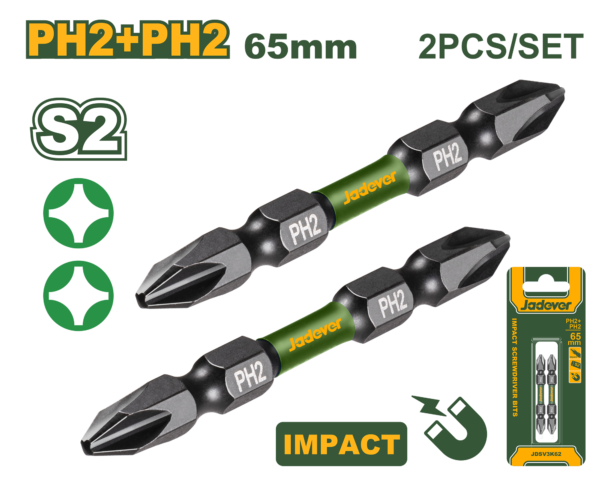 Professional Impact Screwdriver Bits PH2 65mm 2-Pcs (JDSV3K62) – High-Torque Magnetic Double-Ended Driver Bits | JADEVER