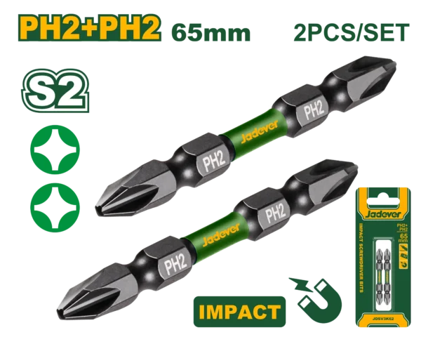 Professional Impact Screwdriver Bits PH2 65mm 2-Pcs (JDSV3K62) – High-Torque Magnetic Double-Ended Driver Bits | JADEVER