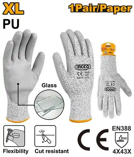 Professional Level 5 Cut-Resistant Safety Gloves XL (HGCG02-XL) – 13-Gauge HPPE Shell Armor Polyurethane Palm-Dipped Protective Work Gloves for Glass & Timber Cutting | INGCO