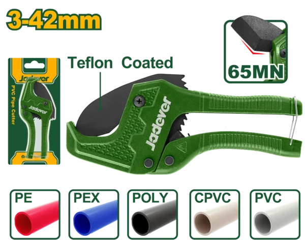 Professional PVC Pipe Cutter 3-42mm (JDPC54642) – Teflon-Coated Razor Blade Heavy-Duty One-Time Cutting Die-Cast Aluminum Tool | JADEVER