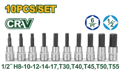 10-Piece 1/2" Drive Bit Socket Set (JDST1412) – Premium 50BV30 Steel Matrix Heavy-Duty Metric Hex (H8-H17) & Torx (T30-T55) Mechanic Kit | JADEVER
