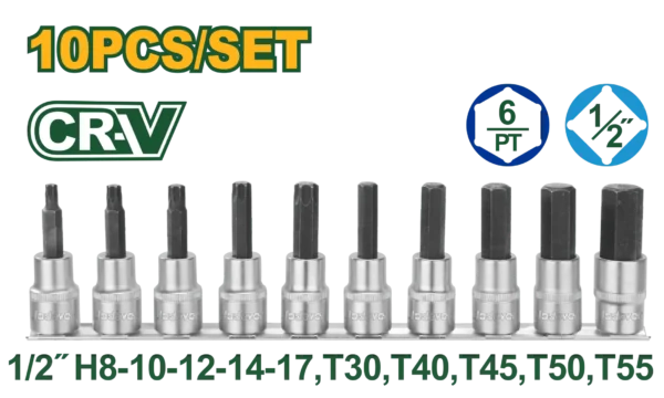 10-Piece 1/2" Drive Bit Socket Set (JDST1412) – Premium 50BV30 Steel Matrix Heavy-Duty Metric Hex (H8-H17) & Torx (T30-T55) Mechanic Kit | JADEVER