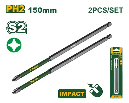 150mm PH2 Impact Screwdriver Bits Set (JDSV4K64) – 2-Pcs S2 Industrial Steel Power Bits Optimized Shock Zone & High-Visibility Sleeve | JADEVER