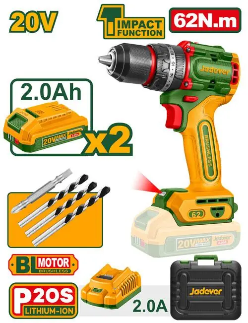 66nm Brushless Cordless Impact Drill Kit (JDCDP6281) – 20V Heavy-Duty 13mm Metal Chuck Hammer Drill 2x 2.0Ah Batteries & Charger in Carrying Case | JADEVER