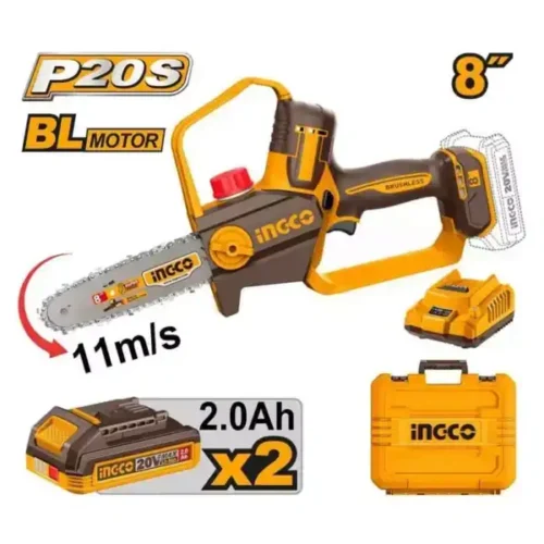 20V Brushless Cordless Pruner Saw (CGSLI20882) – 8" (20cm) Mini Chainsaw Kit 11m/s Auto-Lubricating Tree Branch Cutter with 2 x 2.0Ah Batteries & Charger | INGCO