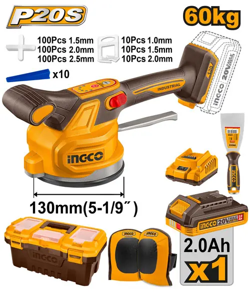20V Cordless Tile Vibration Machine Kit (CTVLI20018) – 60kg Suction Lifter (130mm Cup) & 6-Speed 10,000 RPM Vibrator Includes 2.0Ah Battery, Charger, Kneepads & Leveling System | INGCO