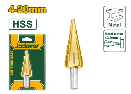 4-20mm Titanium Step Drill Bit (JDJD1402) – 2mm/Step High-Speed Steel Cone Cutter Premium Multi-Stage Round Shank Boring Bit for Sheet Metal | JADEVER