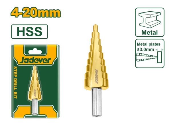 4-20mm Titanium Step Drill Bit (JDJD1402) – 2mm/Step High-Speed Steel Cone Cutter Premium Multi-Stage Round Shank Boring Bit for Sheet Metal | JADEVER