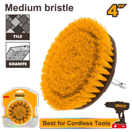 4" Medium Bristle Drill Scrub Brush (WCBM1041) – 1/4" Hex Quick-Change Shank Power Cleaning Disk for Flooring, Granite, Tile & Porcelain | INGCO