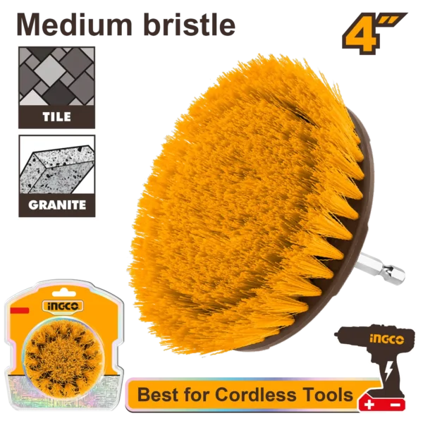 4" Medium Bristle Drill Scrub Brush (WCBM1041) – 1/4" Hex Quick-Change Shank Power Cleaning Disk for Flooring, Granite, Tile & Porcelain | INGCO