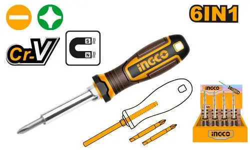 6-in-1 Multi-Bit Screwdriver Set (AKISD0608) – Cr-V Reversible Shaft Bits (PH1/PH2/SL5/SL6) & Nut Drivers (6mm/8mm) Ergonomic High-Torque Handle | INGCO