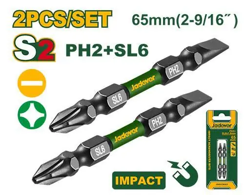 65mm Double-Ended Impact Screwdriver Bits Set (JDSV3K63) – 2-Pcs S2 Industrial Steel PH2 & SL6.0 Power Bits Optimized Shock Zone & High-Visibility Sleeve | JADEVER